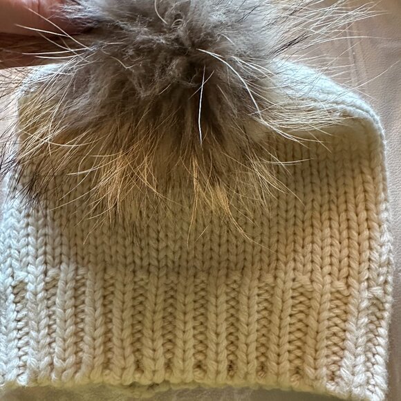 Beige, soft knitted beanie hat with pom-poms, handmade - Picture 1 of 3